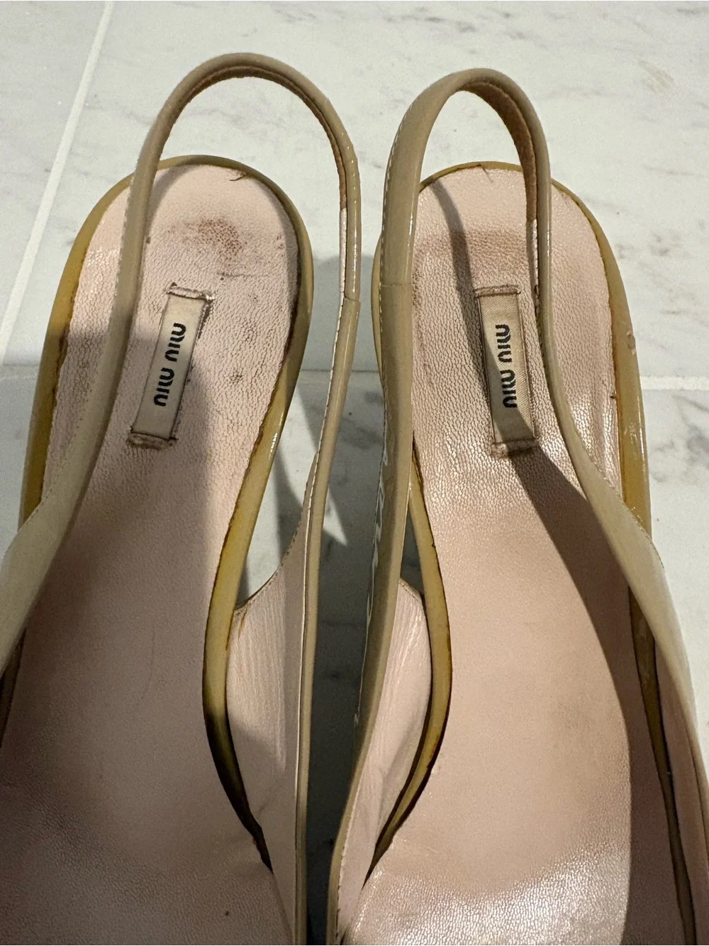 Miu Miu Tan Beige Peep Toe Wedge Slingback Heels